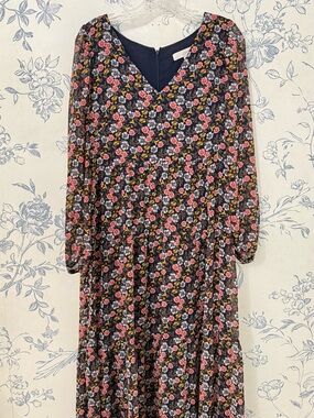 LOFT Black Floral Long Sleeve Midi Dress
